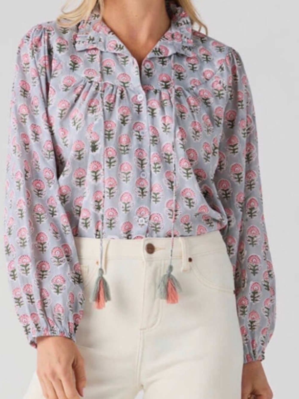 Marea Blouse Georgia Button Down Long Sleeve in Grey Pink Floral - Picture 2 of 6